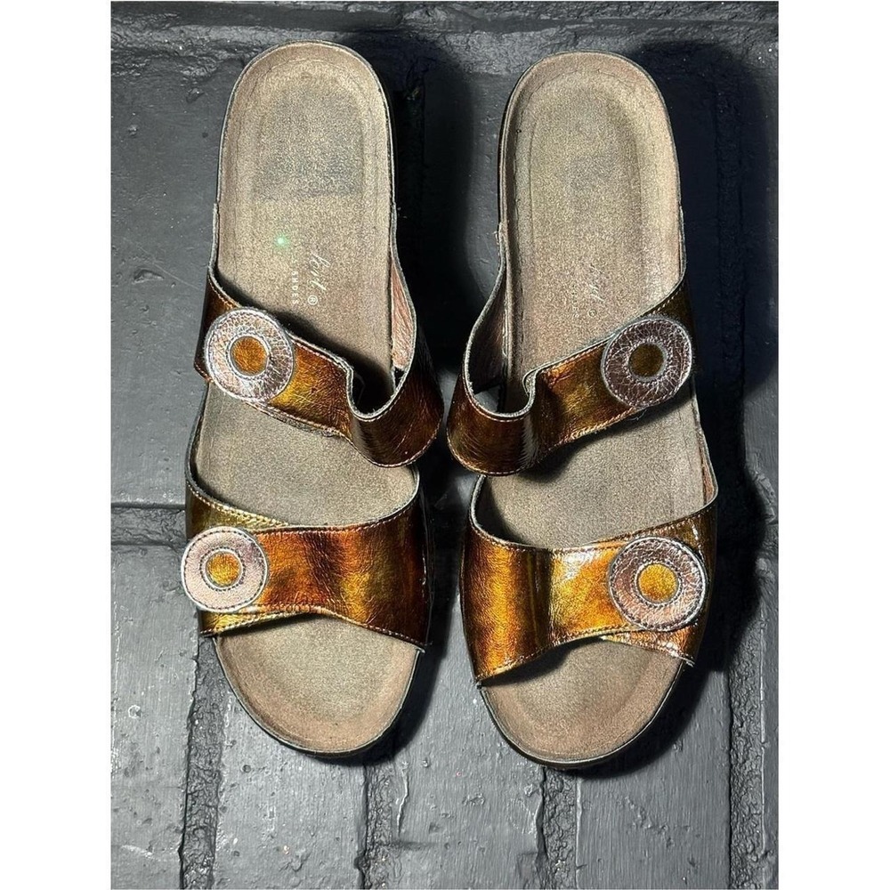 Helle Comfort Sandals Women 41 Bronze Metallic Slide Adjustable Straps Heel
